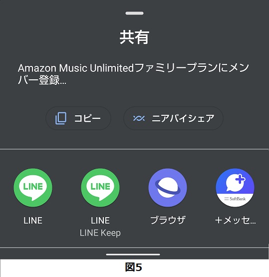 図5  amazonミュージックで家族会員に招待URLを連絡するアプリの選択画面