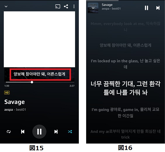 図15(左) Savageの再生画面と 図16(右) 全画面歌詞表示